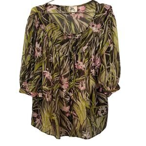 Milly Silk Brown, Pink & Green Tropical Print Blouse with Attached Tank 6